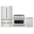 ZLINE 3-Piece Appliance Package - 36-Inch Autograph Edition Induction Range, 36-Inch French Door Refrigerator, and Dishwasher in Stainless Steel with Champagne Bronze Trim