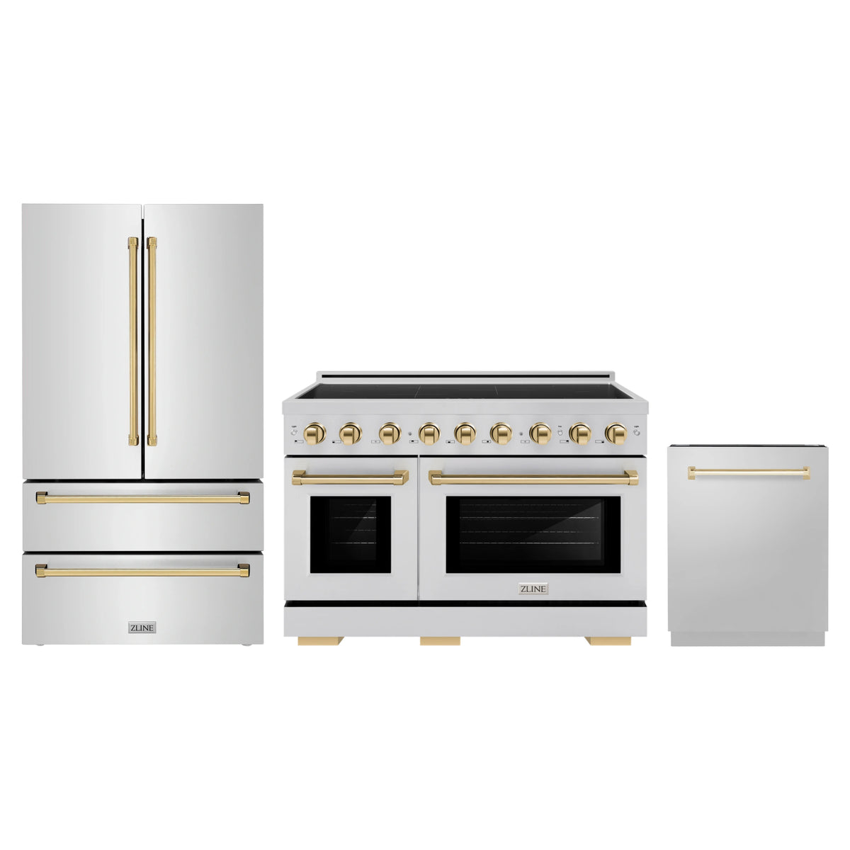 ZLINE 3-Piece Appliance Package - 48-Inch Autograph Edition Induction Range, 36-Inch French Door Refrigerator, and Dishwasher in Stainless Steel with Gold Trim