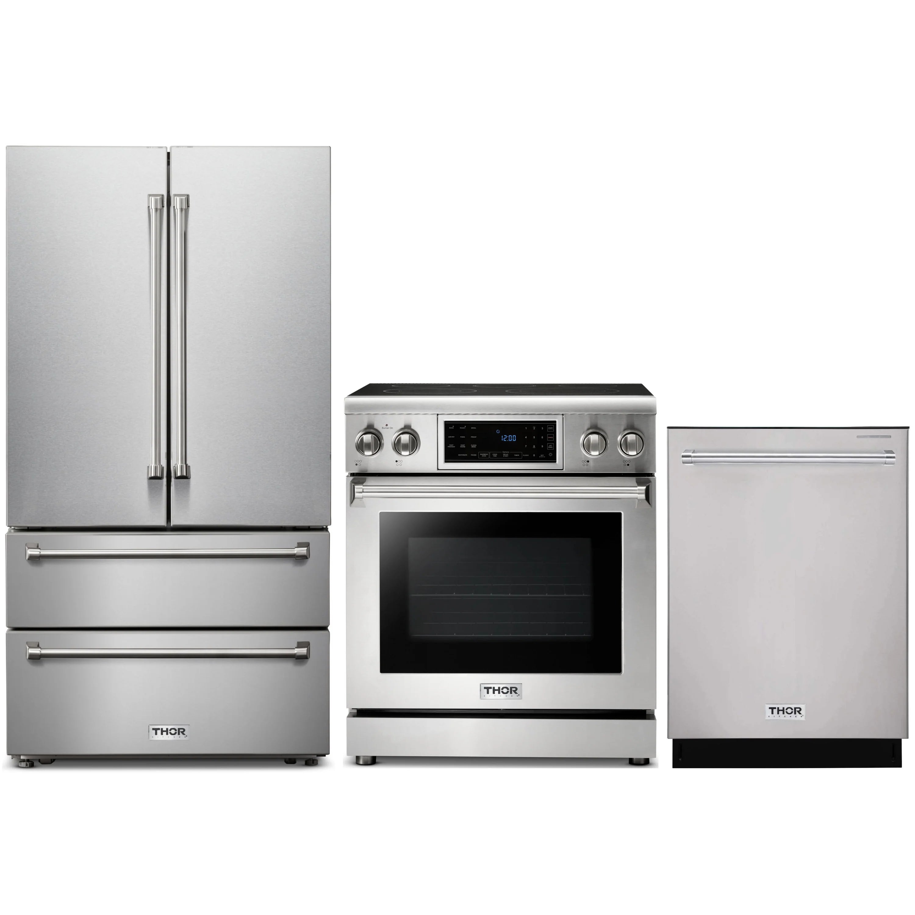 Stainless 3-piece appliance set: French-door refrigerator, electric range, dishwasher