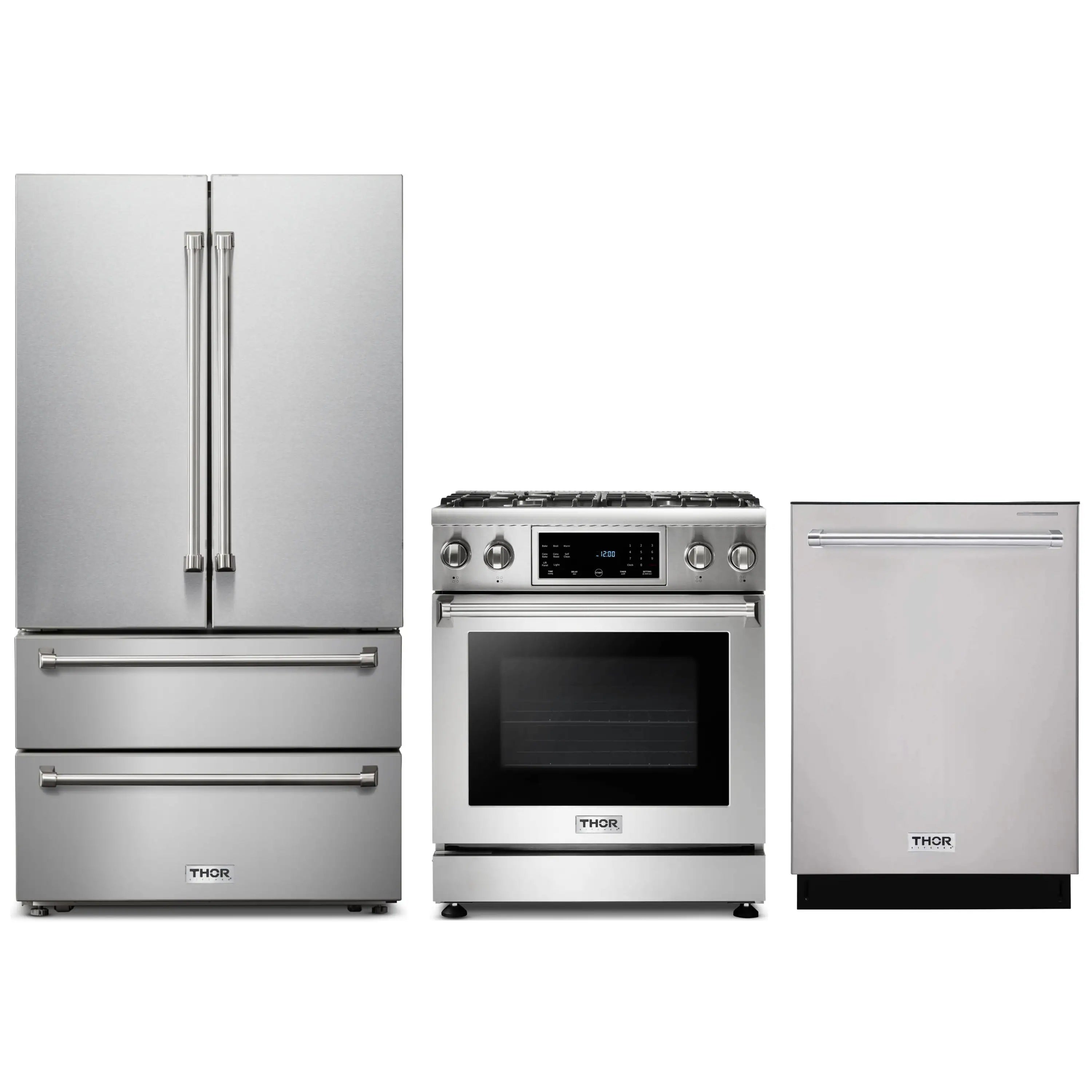 Stainless steel kitchen appliance set with refrigerator, gas range, and dishwasher