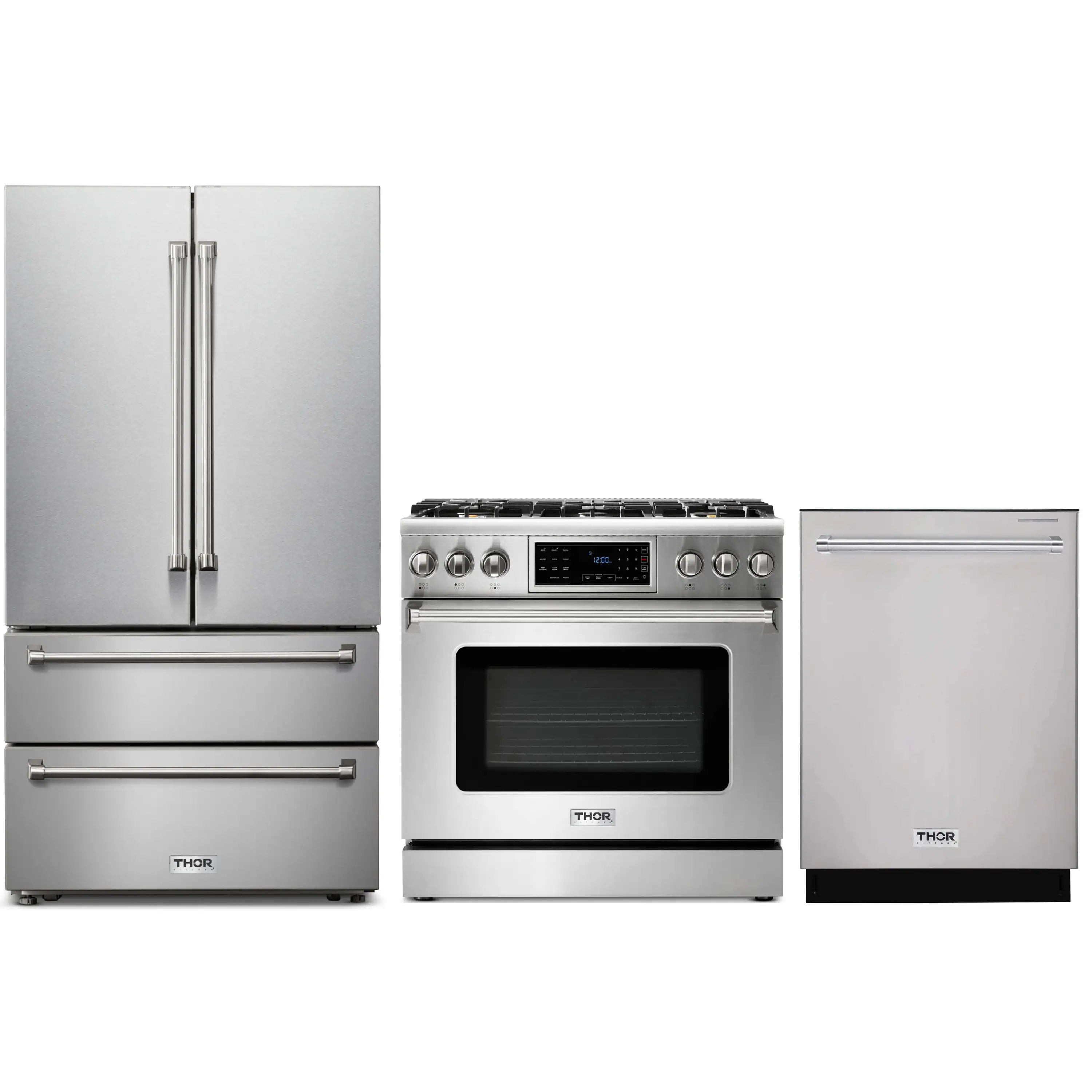 Stainless steel kitchen appliance set: refrigerator, gas range, and dishwasher