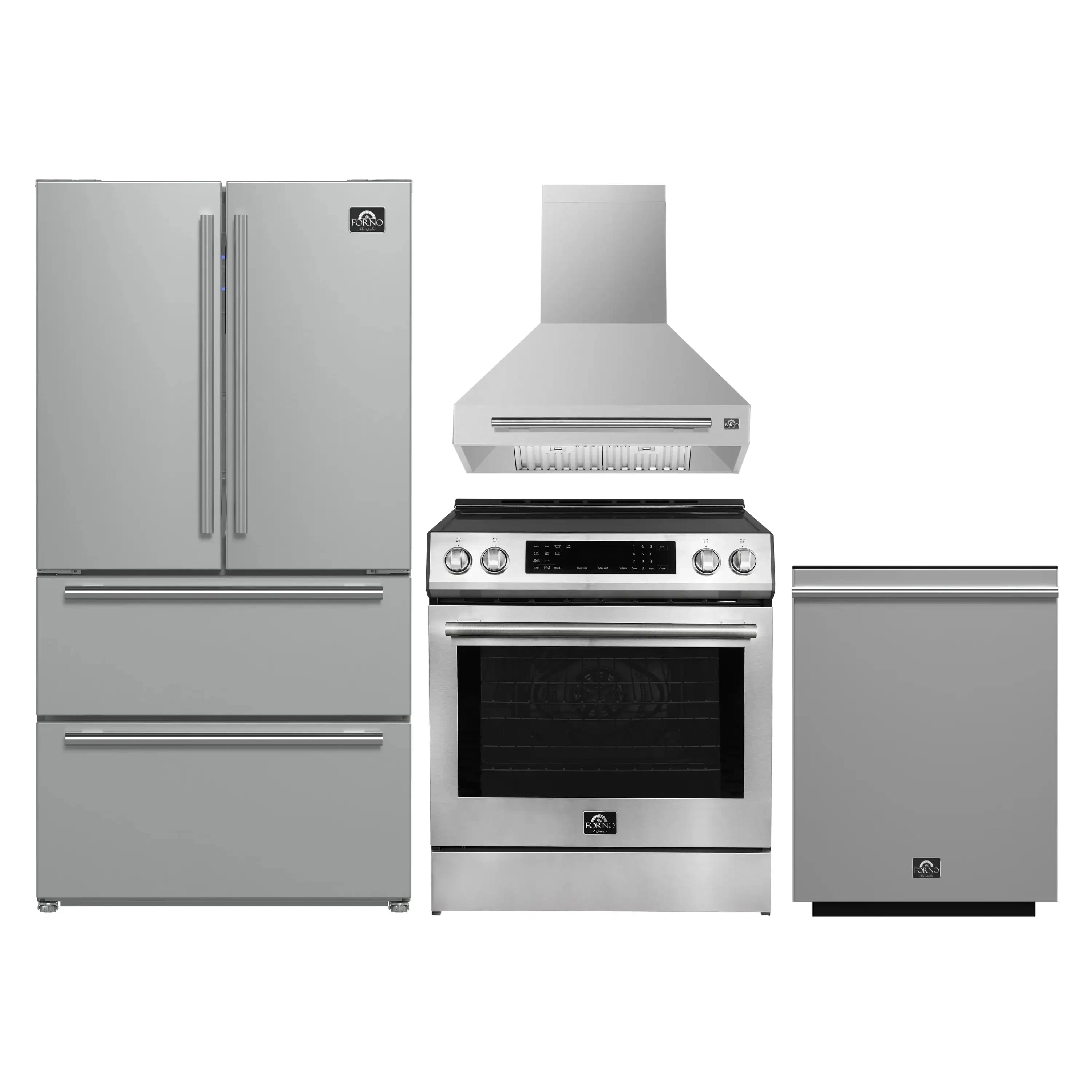 Stainless steel appliance set: range with overhead hood, French door fridge, dishwasher