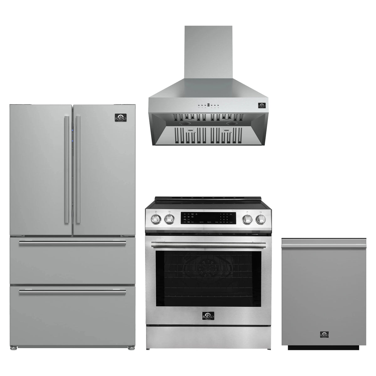 Forno 4-Piece Appliance Package - 30-Inch Espresso Induction Range, Wall Mount Range Hood, 36-Inch French Door Refrigerator, and Dishwasher in Stainless Steel
