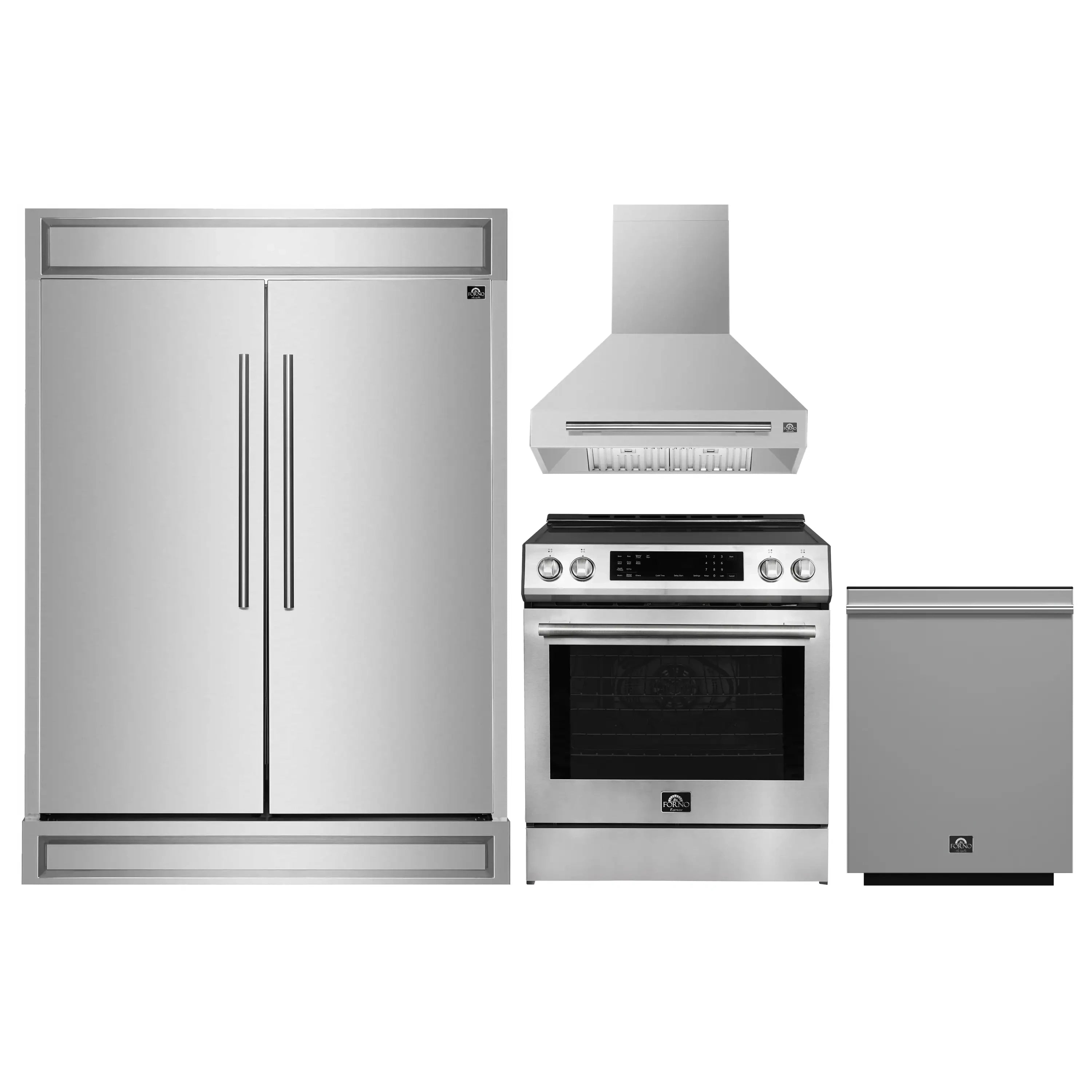 Stainless steel appliance package set: refrigerator, range, range hood, dishwasher