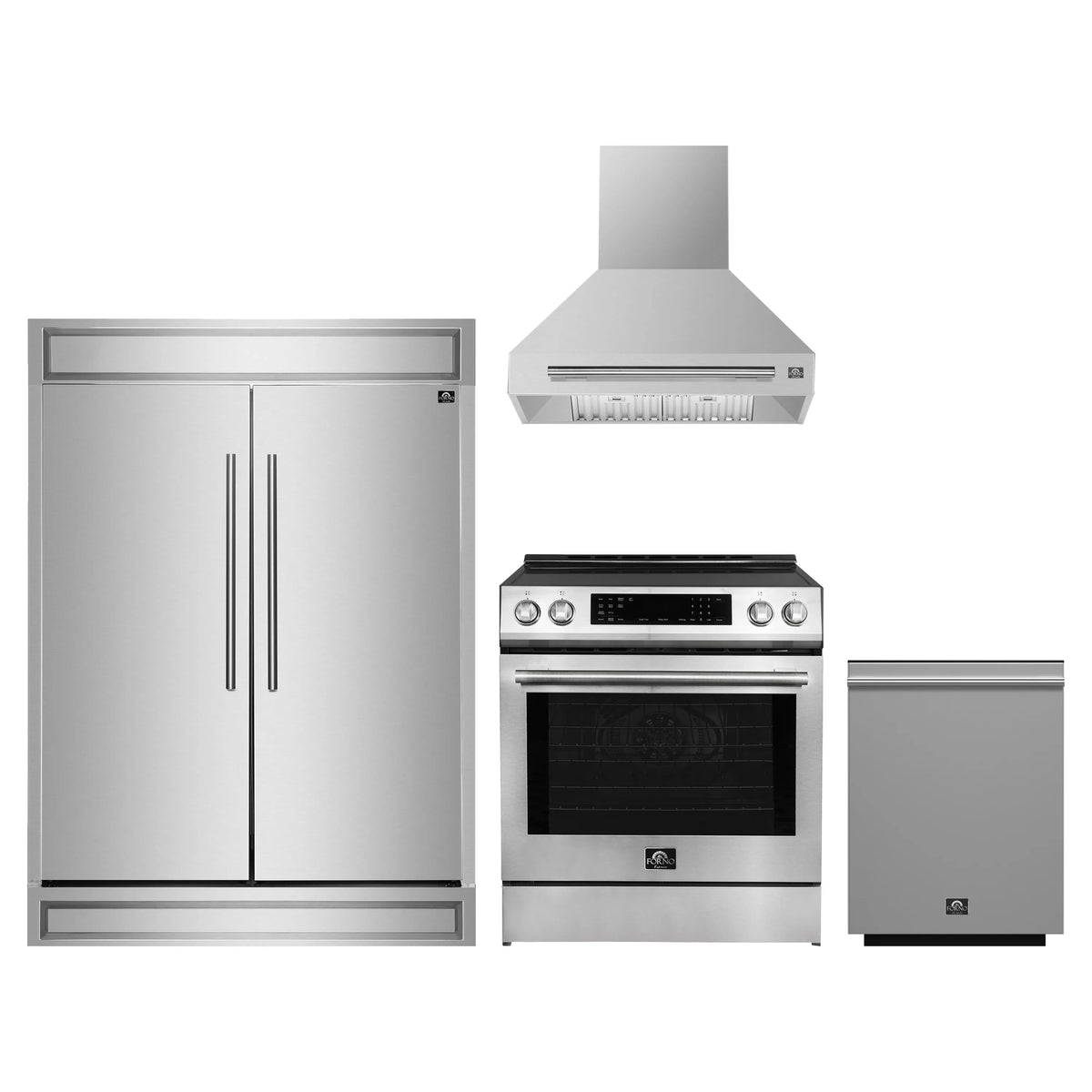 Forno 4-Piece Appliance Package - 30-Inch Espresso Induction Range, Wall Mount Range Hood, 60-Inch Built-In Convertible Refrigerator, and Dishwasher in Stainless Steel