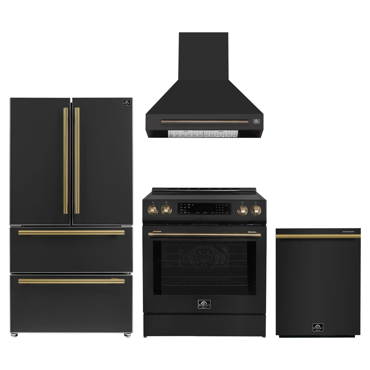 Forno 4-Piece Appliance Package - 30-Inch Espresso Induction Range, Wall Mount Range Hood, 36-Inch French Door Refrigerator, and Dishwasher in Black with Antique Brass Trim