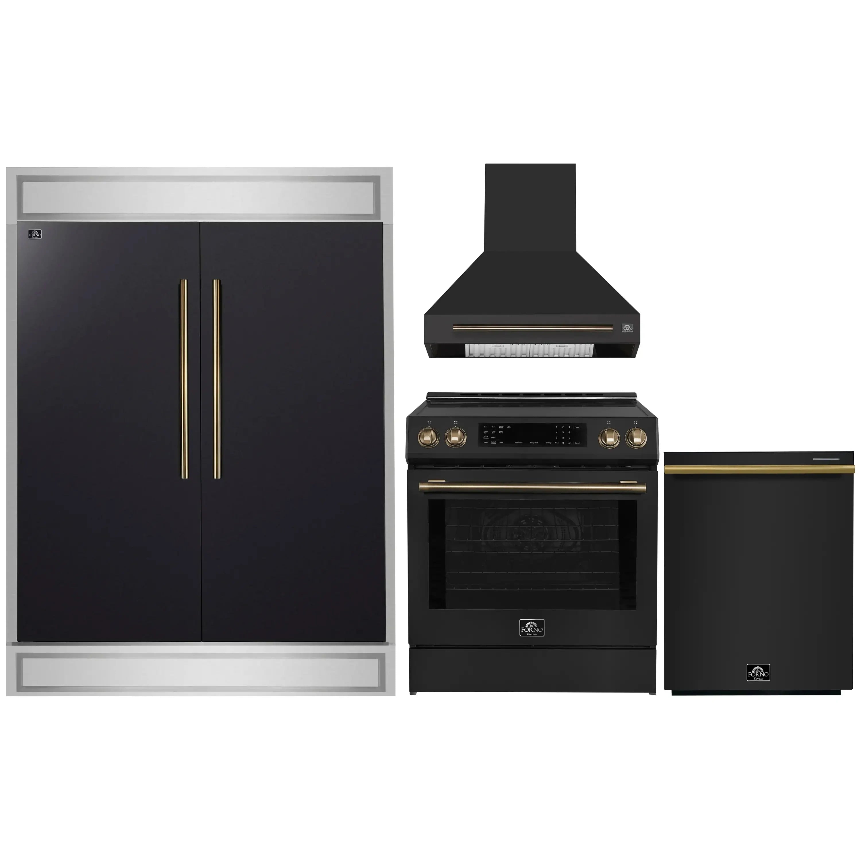 Black kitchen appliance set with range hood, oven range, refrigerator, and dishwasher