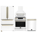 Forno 4-Piece Appliance Package - 30-Inch Espresso Induction Range , Wall Mount Range Hood, 36-Inch French Door Refrigerator, and Dishwasher in White with Antique Brass Handle
