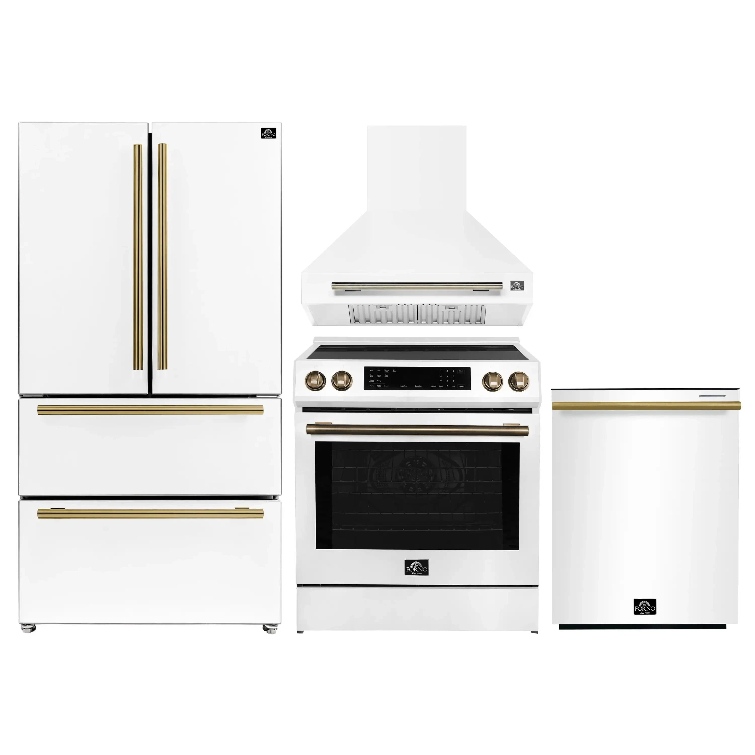 White French door refrigerator, induction range with wall hood, and dishwasher with brass handles