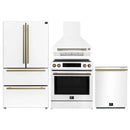 Forno 4-Piece Appliance Package - 30-Inch Espresso Induction Range , Wall Mount Range Hood, 36-Inch French Door Refrigerator, and Dishwasher in White with Antique Brass Handle