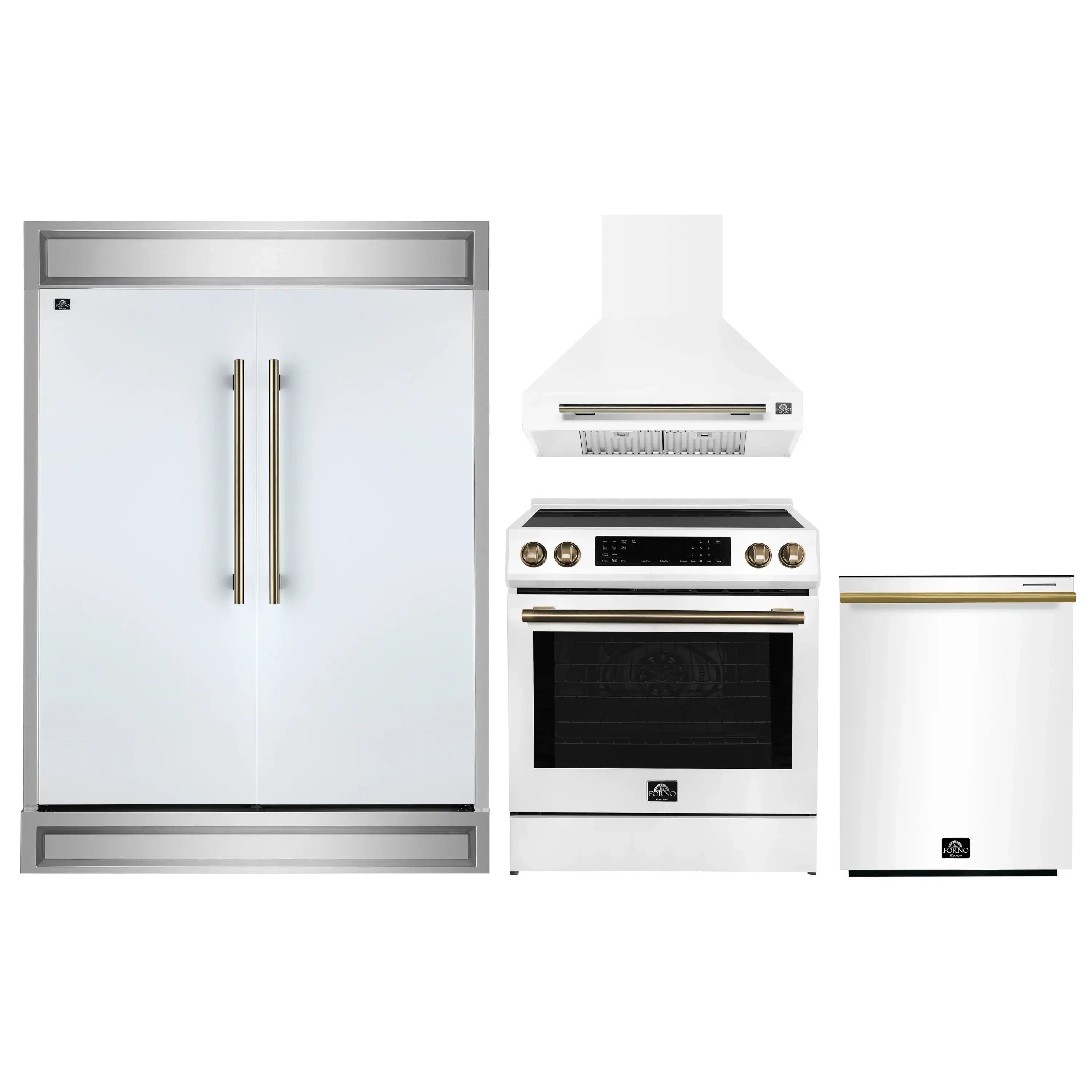 Kitchen appliance set with white refrigerator, range with hood, and dishwasher