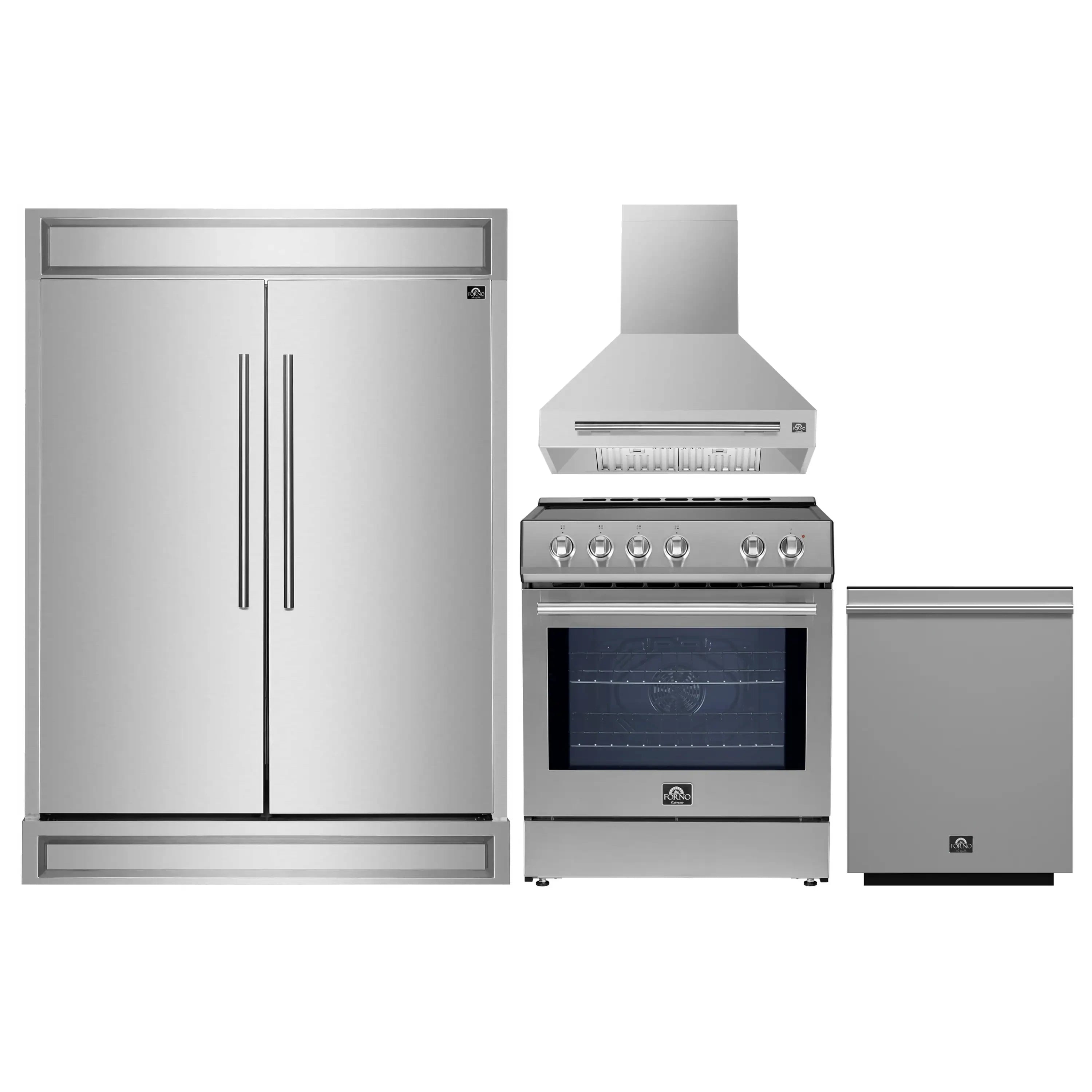 Stainless kitchen appliance set: refrigerator, range with hood, dishwasher