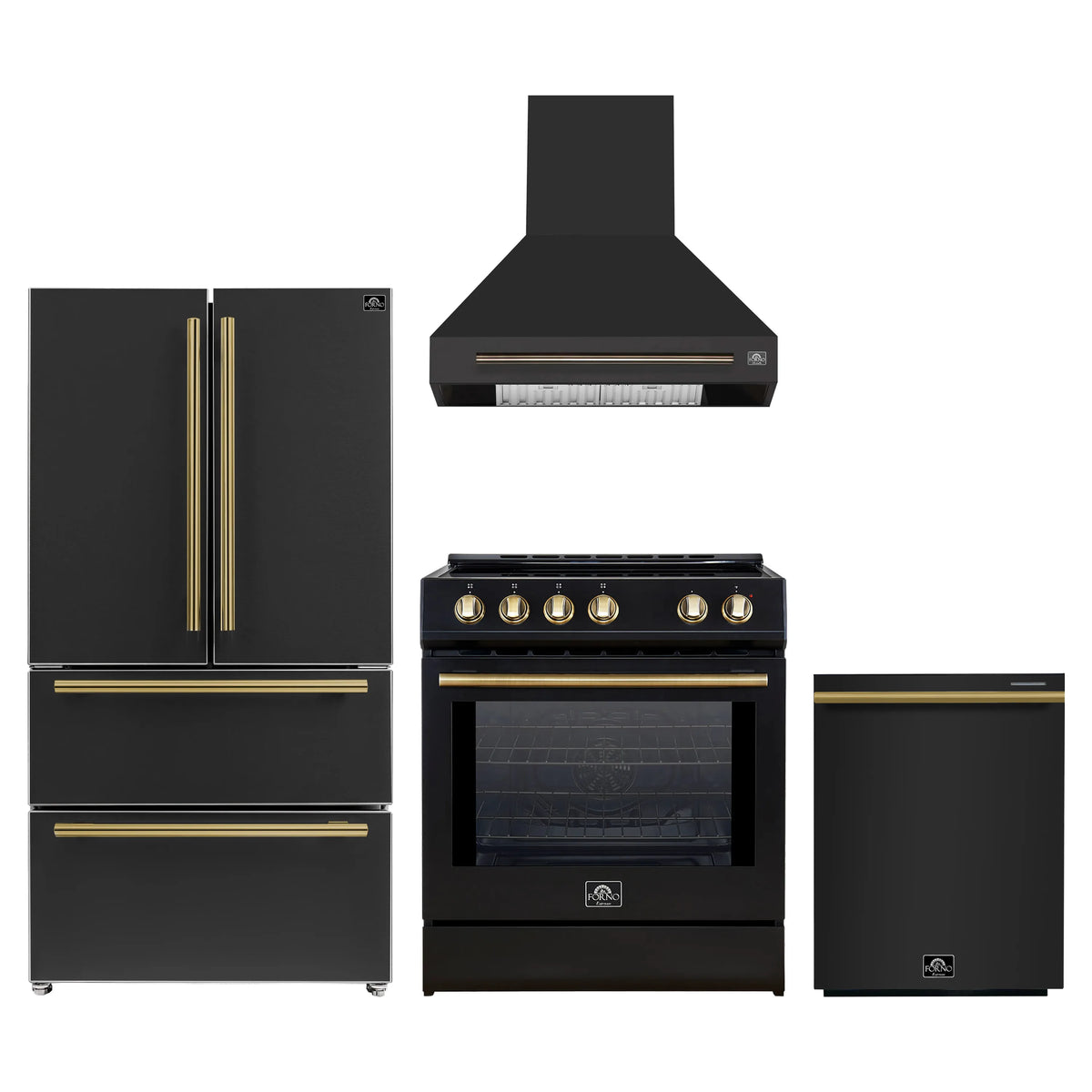 Forno 4-Piece Appliance Package - 30-Inch Espresso Induction Range , Wall Mount Range Hood, 36-Inch French Door Refrigerator, and Dishwasher in Black with Antique Brass Trim
