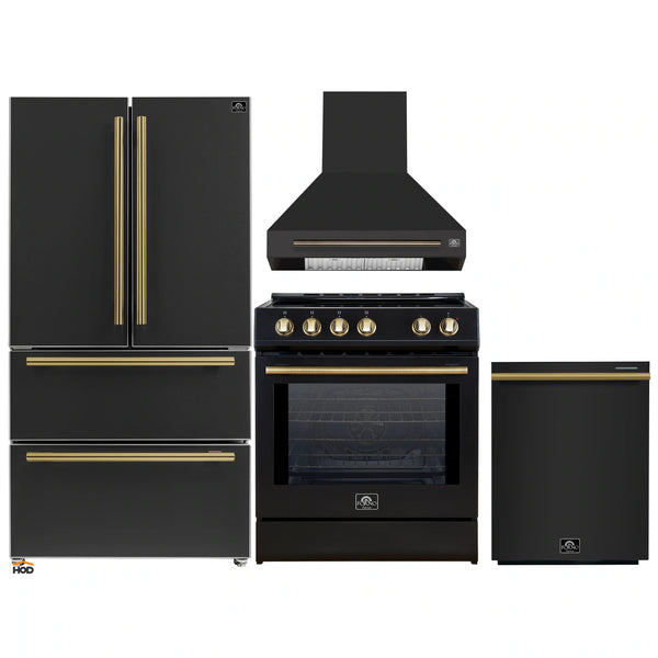Forno 4-Piece Appliance Package - 30-Inch Espresso Induction Range , Wall Mount Range Hood, 36-Inch French Door Refrigerator, and Dishwasher in Black with Antique Brass Handle