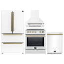 Forno 4-Piece Appliance Package - 30-Inch Espresso Induction Range , Wall Mount Range Hood, 36-Inch French Door Refrigerator, and Dishwasher in White with Antique Brass Handle