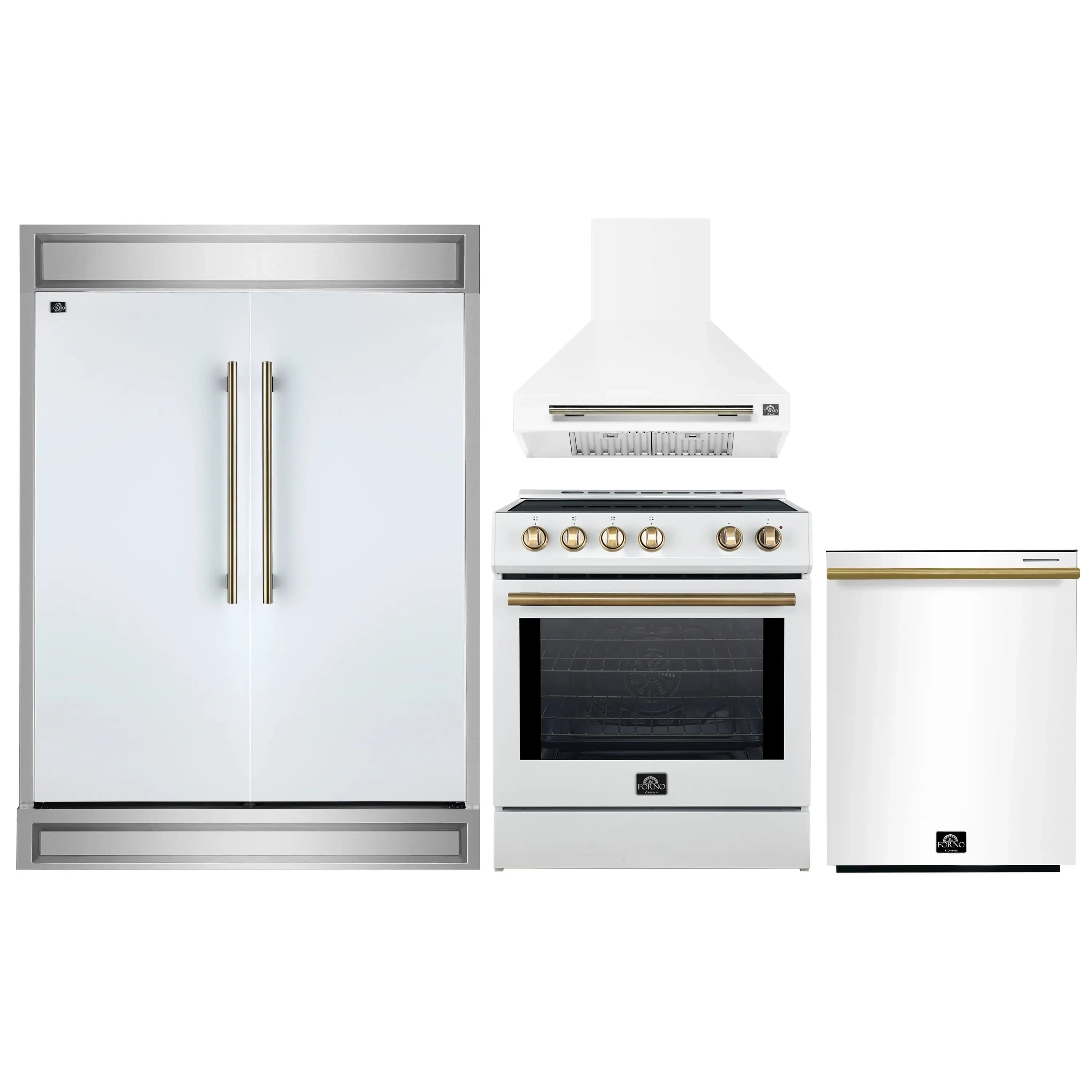 White refrigerator, freestanding range with gold knobs, and wall-mount range hood
