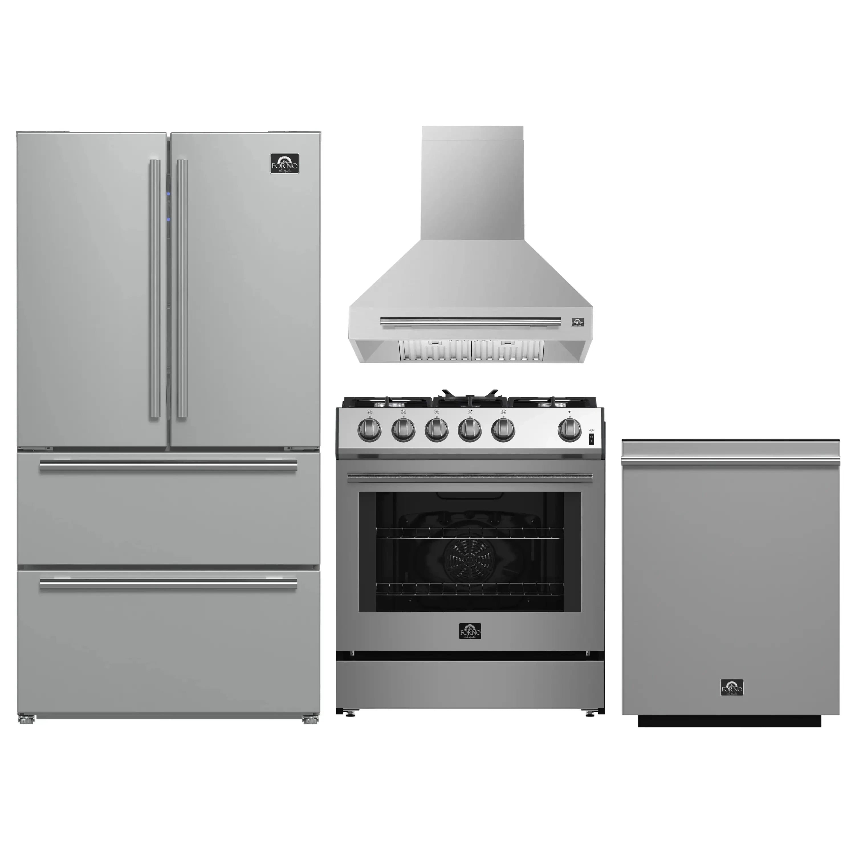 Stainless steel 4-piece appliance package: refrigerator, gas range, hood, and dishwasher