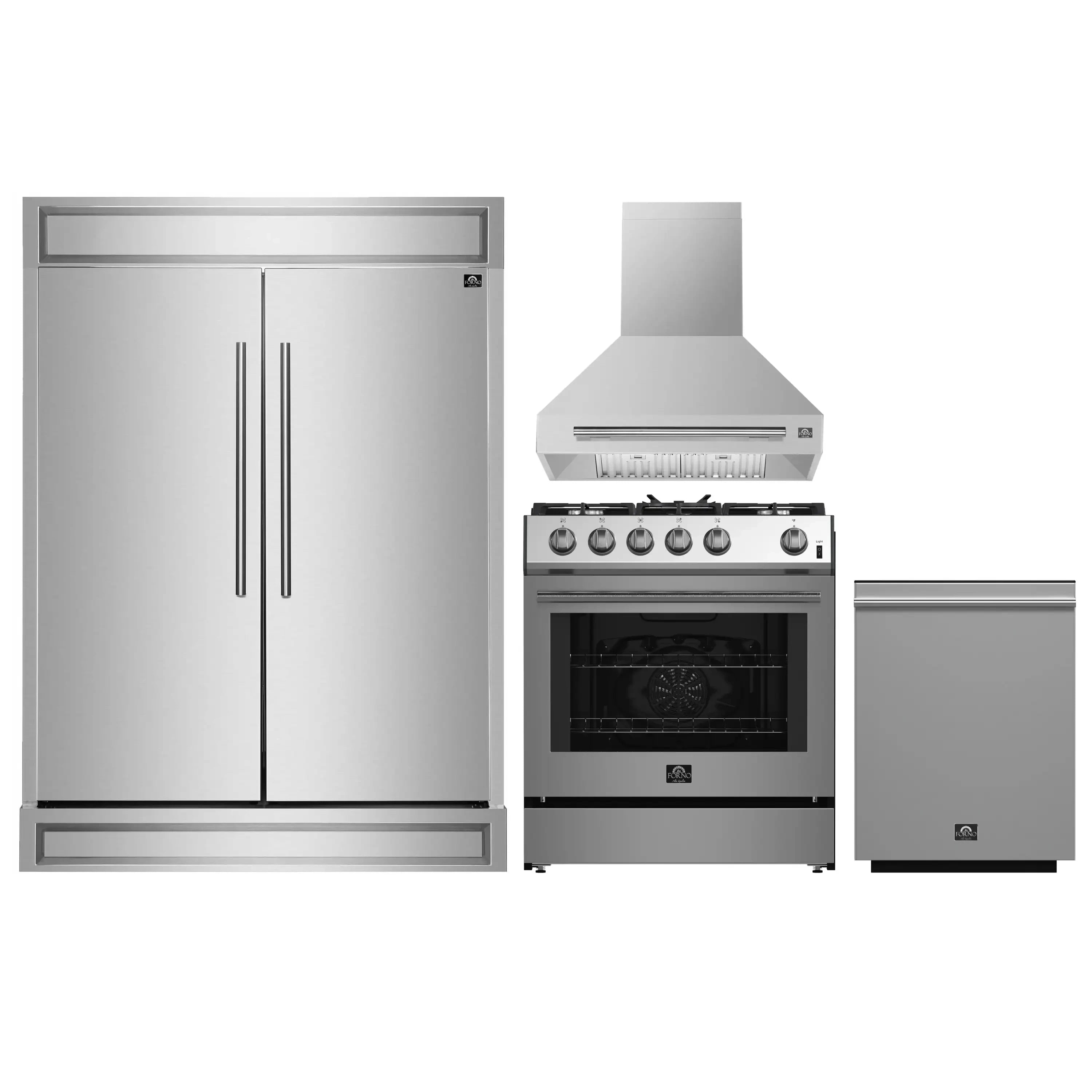 Stainless kitchen appliance set with French-door refrigerator, gas range, hood, and dishwasher