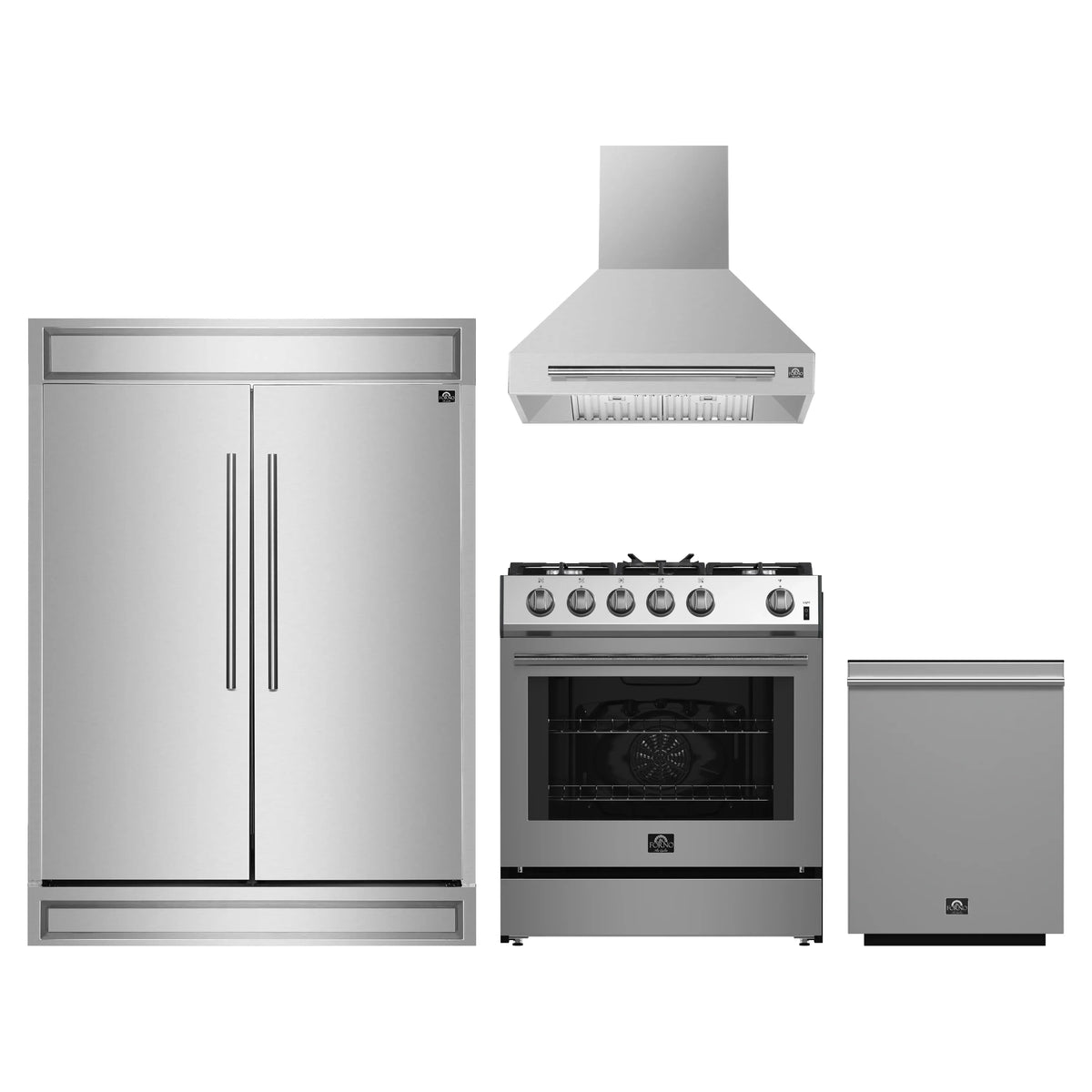 Forno 4-Piece Appliance Package - 30-Inch Espresso Gas Range, Wall Mount Range Hood, 60-Inch Built-In Convertible Refrigerator, and Dishwasher in Stainless Steel