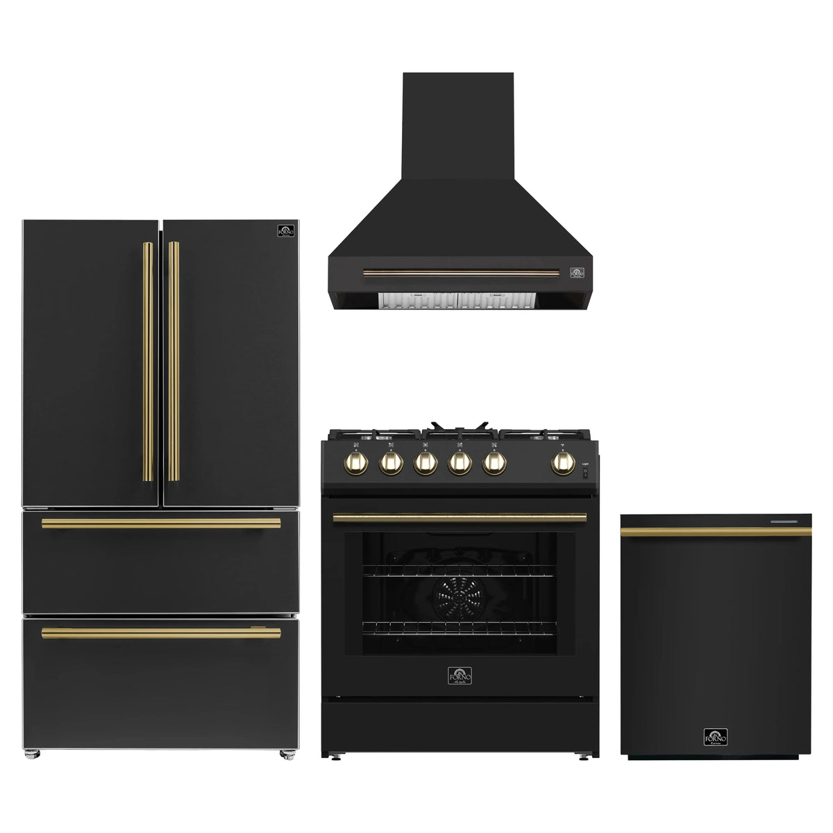 Forno 4-Piece Appliance Package - 30-Inch Espresso Gas Range, Wall Mount Range Hood, 36-Inch French Door Refrigerator, and Dishwasher in Black with Antique Brass Trim