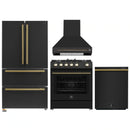 Forno 4-Piece Appliance Package - 30-Inch Espresso Gas Range , Wall Mount Range Hood, 36-Inch French Door Refrigerator, and Dishwasher in Black with Antique Brass Handle