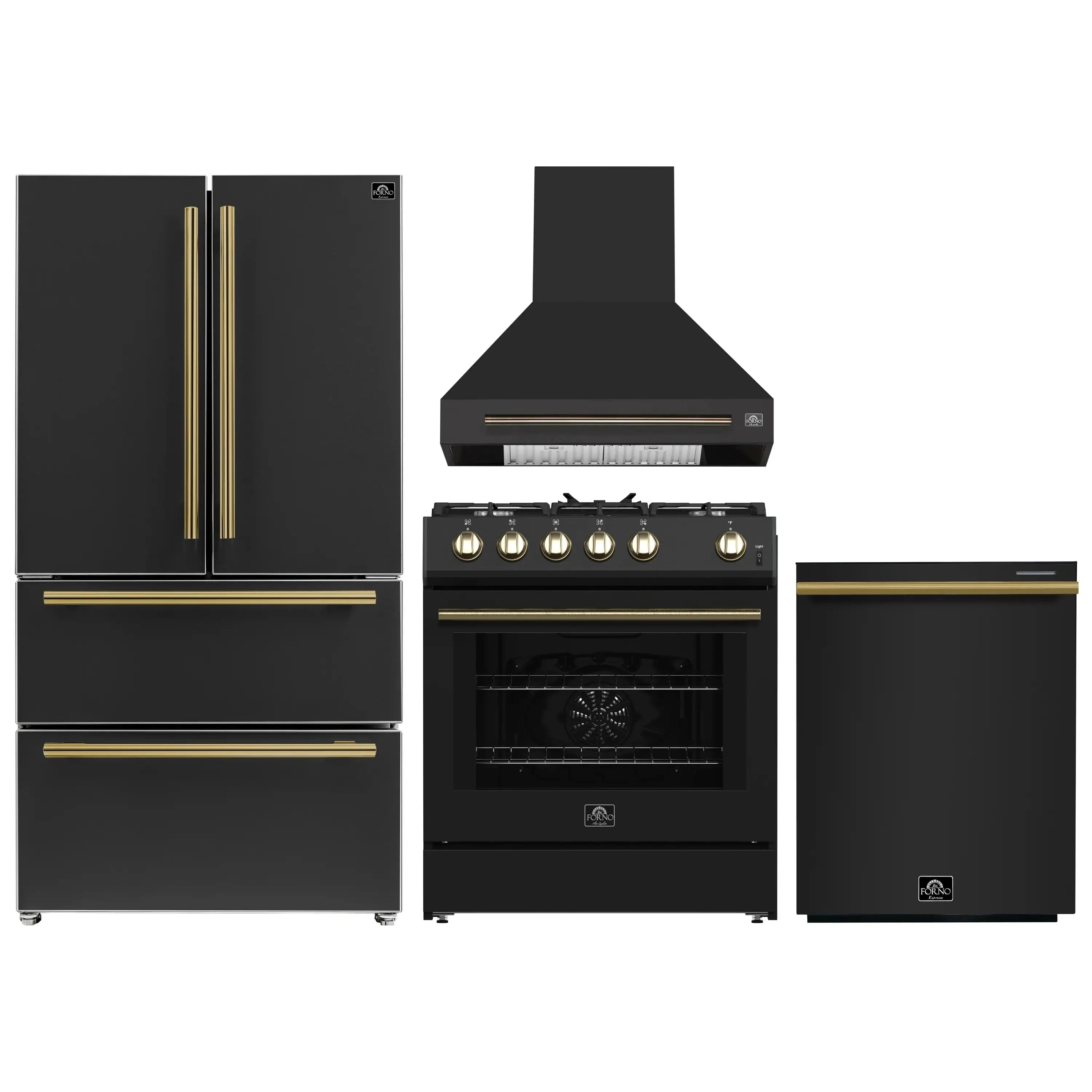Black 4-piece appliance set with antique brass accents: range, hood, refrigerator, dishwasher