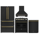 Forno 4-Piece Appliance Package - 30-Inch Espresso Gas Range , Wall Mount Range Hood, 36-Inch French Door Refrigerator, and Dishwasher in Black with Antique Brass Handle