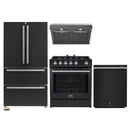 Forno 4-Piece Appliance Package - 30-Inch Gas Range, Under Cabinet Range Hood, Refrigerator, and Dishwasher in Black with Antique Brass Trim