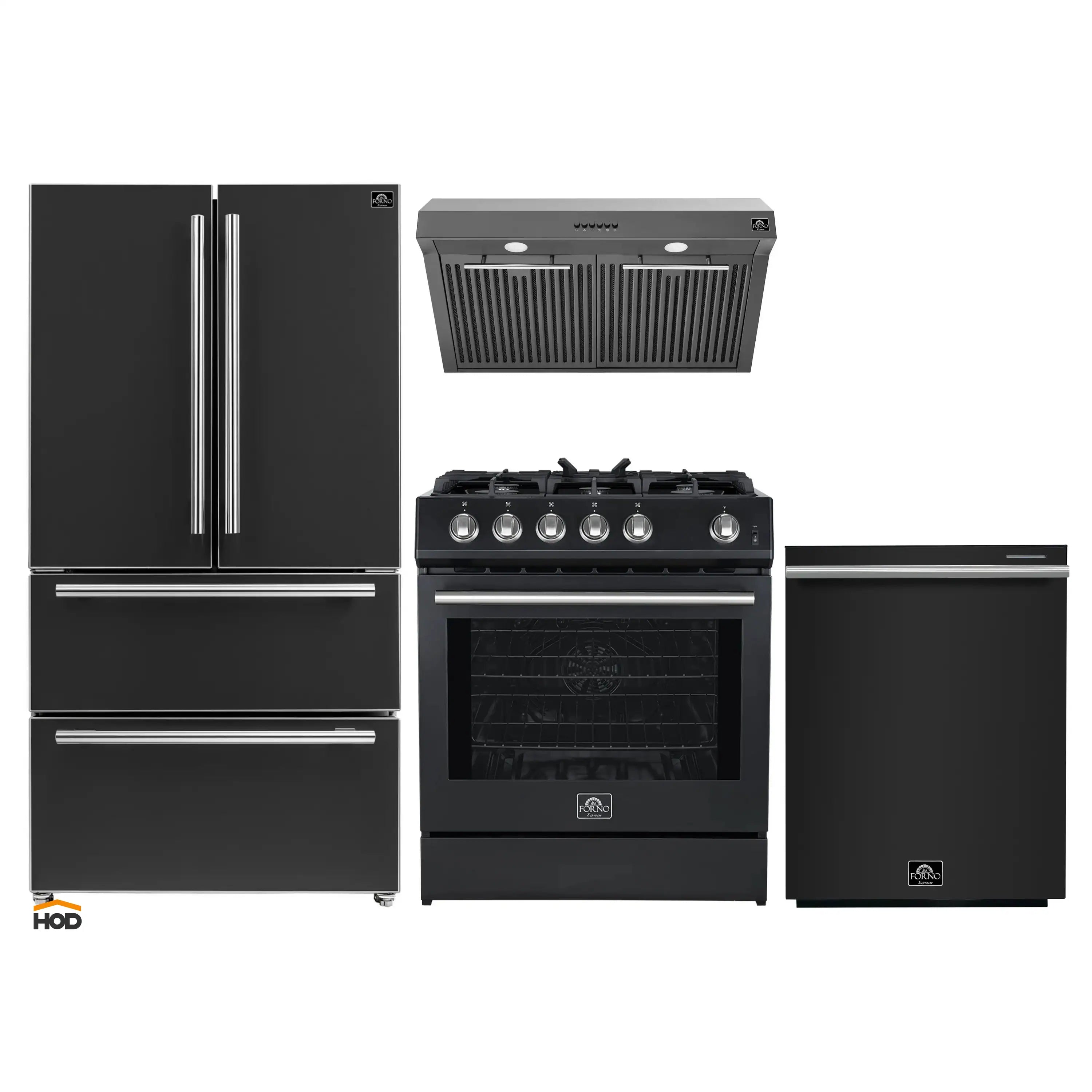 Black appliance set with stainless steel trims: refrigerator, range, hood, dishwasher
