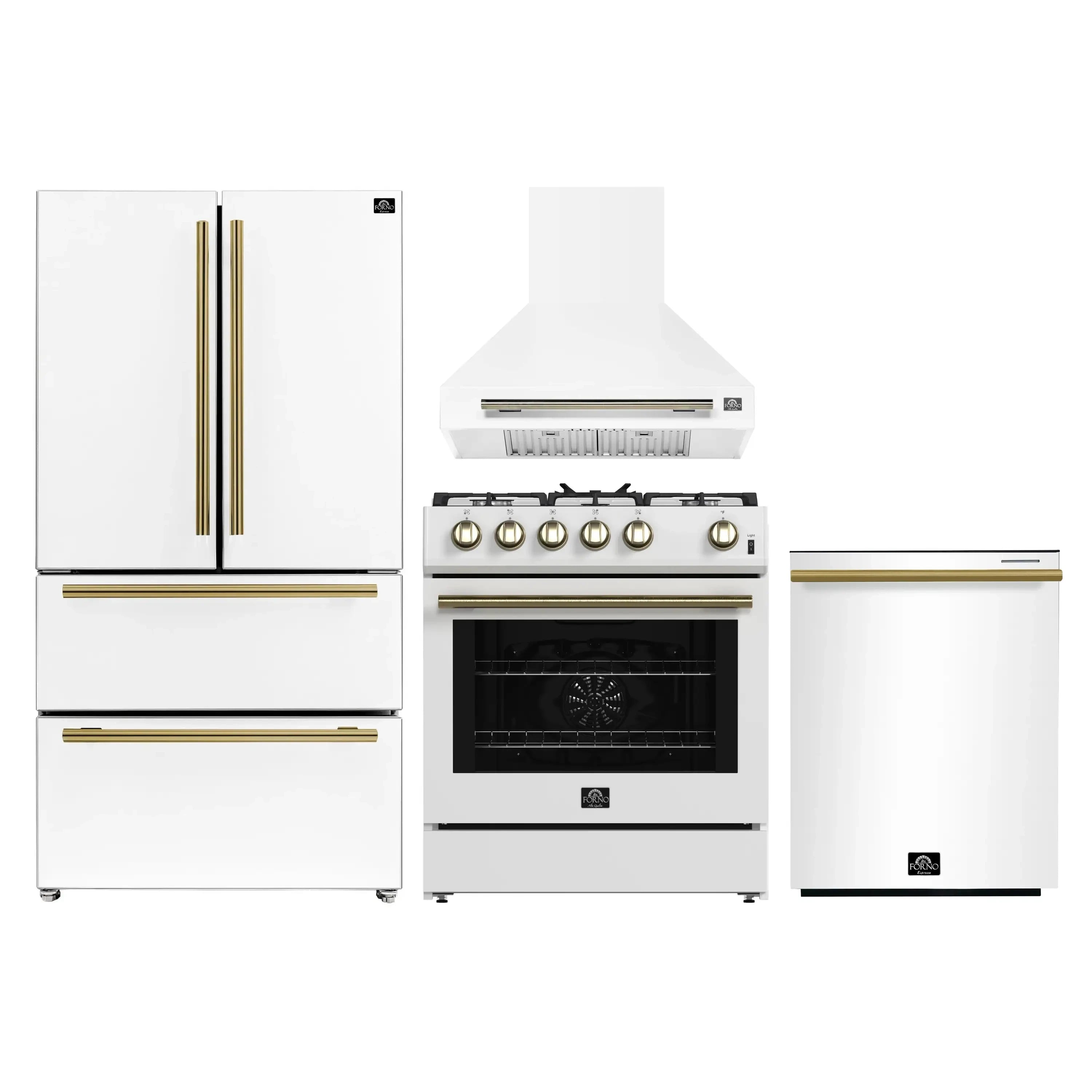 White appliance set with gold accents: refrigerator, gas range, and dishwasher