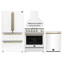 Forno 4-Piece Appliance Package - 30-Inch Espresso Gas Range , Wall Mount Range Hood, 36-Inch French Door Refrigerator, and Dishwasher in White with Antique Brass Handle