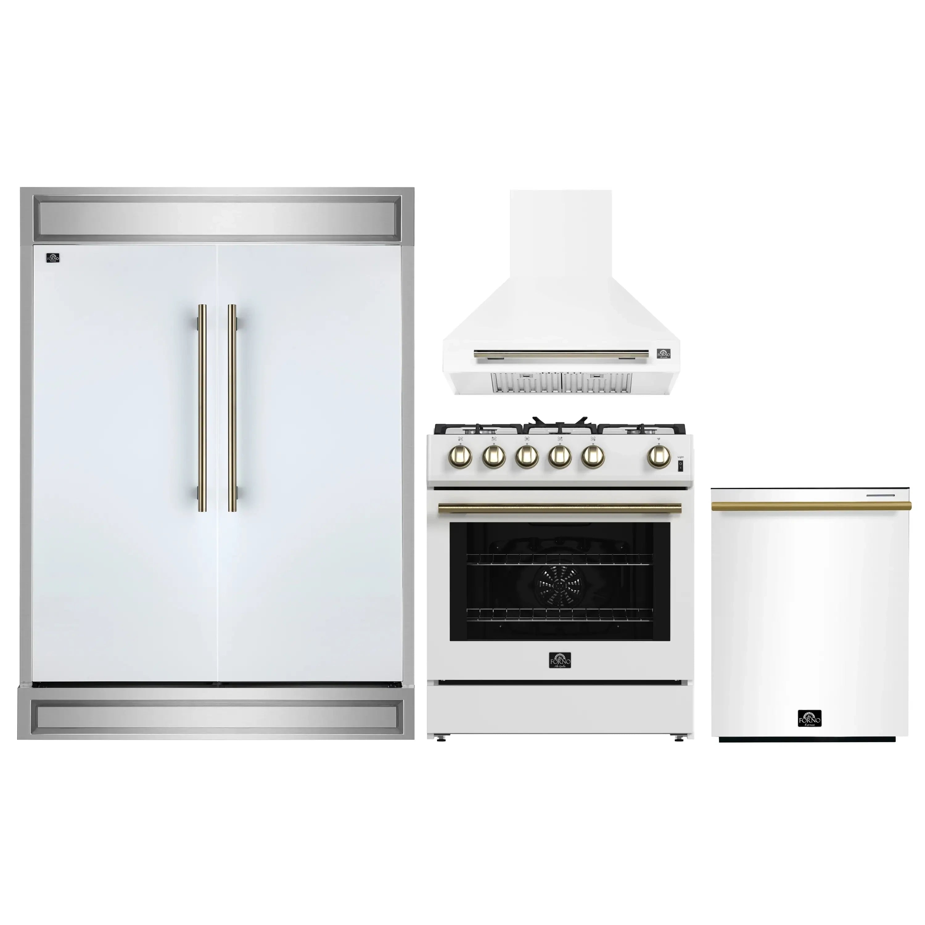 White refrigerator, wall range hood, and white gas range with gold trim