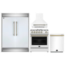 Forno 4-Piece Appliance Package - 30-Inch Espresso Gas Range , Wall Mount Range Hood, 60-Inch Built-In Convertible Refrigerator, and Dishwasher in White with Antique Brass Handle