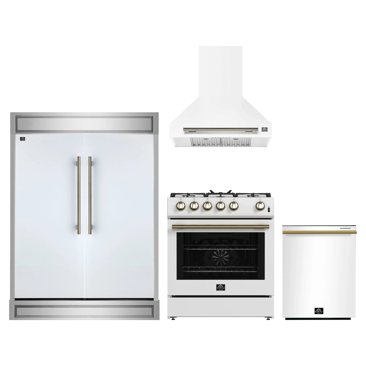 Forno 4-Piece Appliance Package - 30-Inch Espresso Gas Range, Wall Mount Range Hood, 60-Inch Built-In Convertible Refrigerator, and Dishwasher in White with Antique Brass Trim