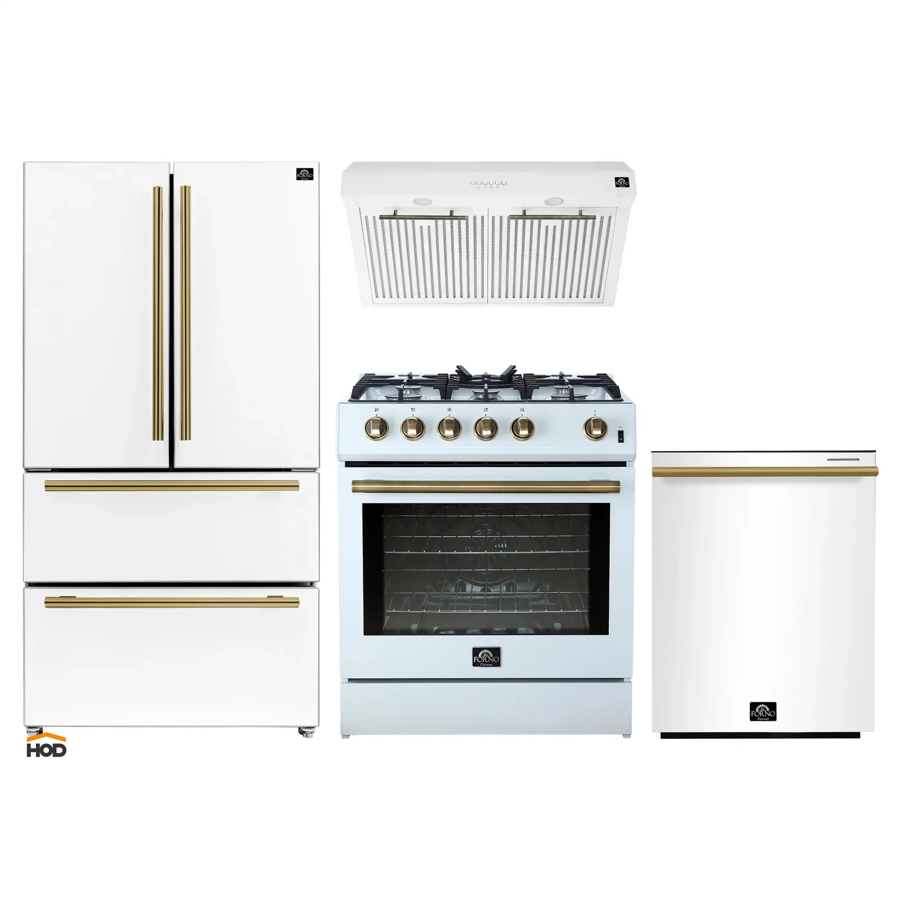 White kitchen appliance set with refrigerator, gas range, and hood in antique brass accents