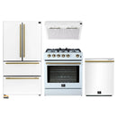 Forno 4-Piece Appliance Package - 30-Inch Gas Range, Under Cabinet Range Hood, Refrigerator, and Dishwasher in White with Antique Brass Trim