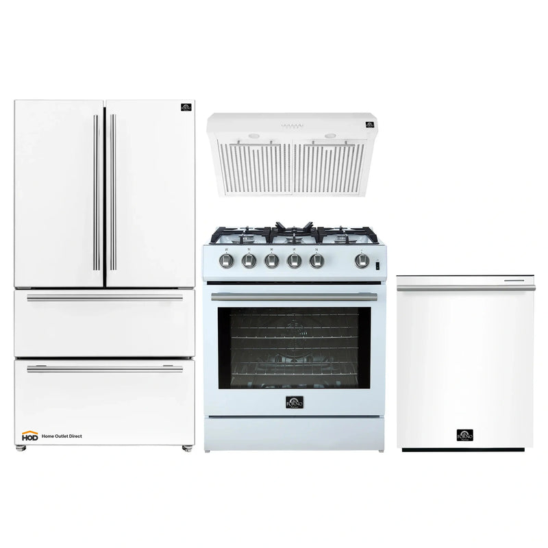 Forno 4-Piece Appliance Package - 30-Inch Gas Range, Under Cabinet Range Hood, Refrigerator, and Dishwasher in White with Stainless Steel Trim