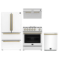 Forno 4-Piece Appliance Package - 30-Inch Espresso Gas Range, Under Cabinet Range Hood, Refrigerator, and Dishwasher in White with Antique Brass Trim