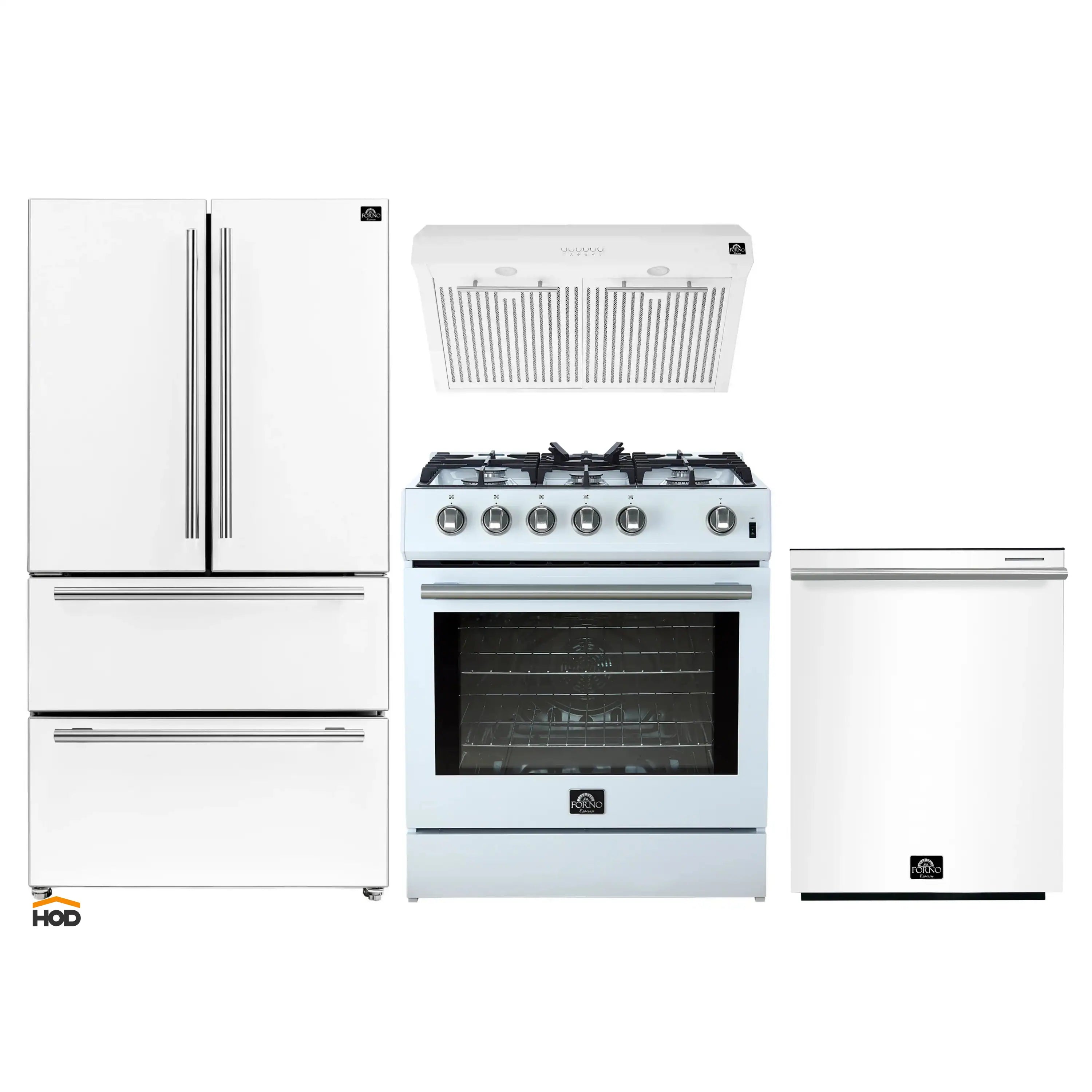 White appliance bundle: refrigerator, gas range, dishwasher, under-cabinet hood