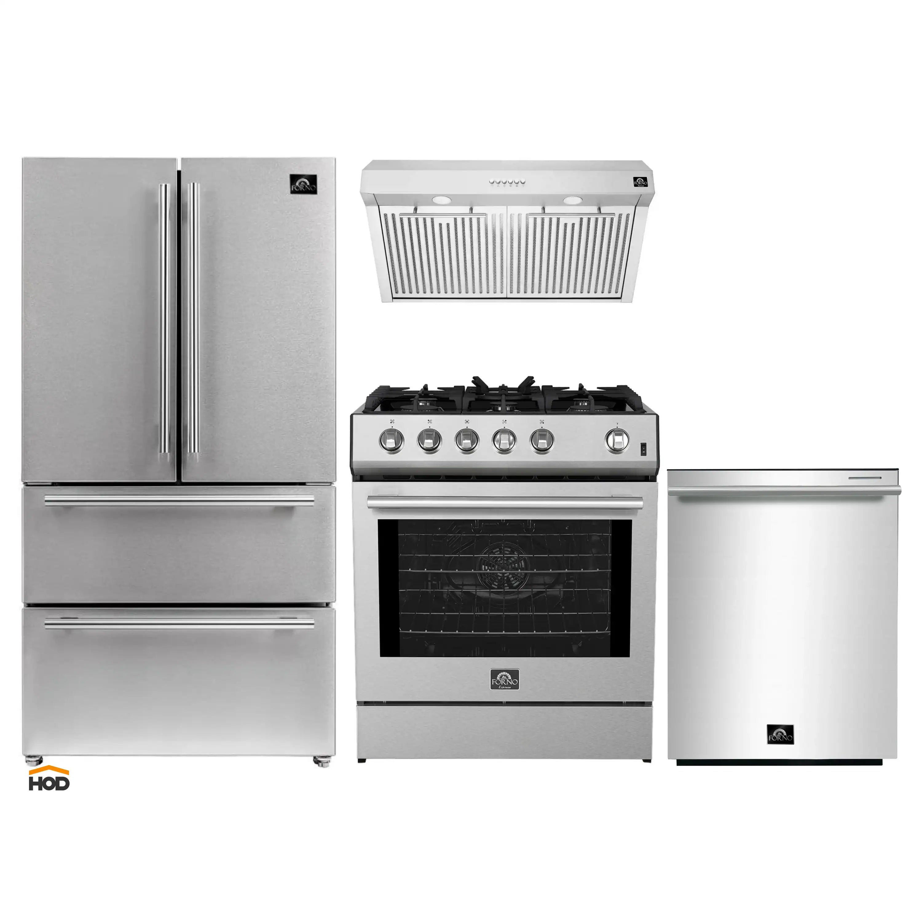 Stainless steel kitchen appliance set: refrigerator, range, hood, and dishwasher