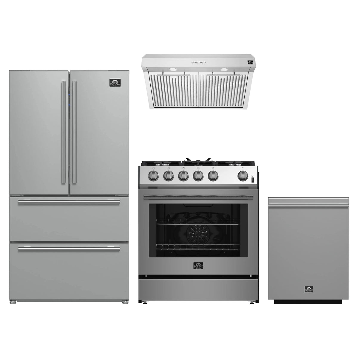 Forno 4-Piece Appliance Package - 30-Inch Gas Range, Under Cabinet Range Hood, Refrigerator, and Dishwasher in Stainless Steel