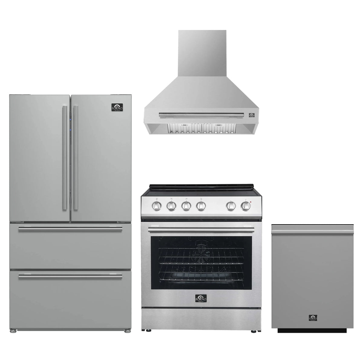 Forno 4-Piece Appliance Package - 30-Inch Espresso Electric Range, Wall Mount Range Hood, 36-Inch French Door Refrigerator, and Dishwasher in Stainless Steel