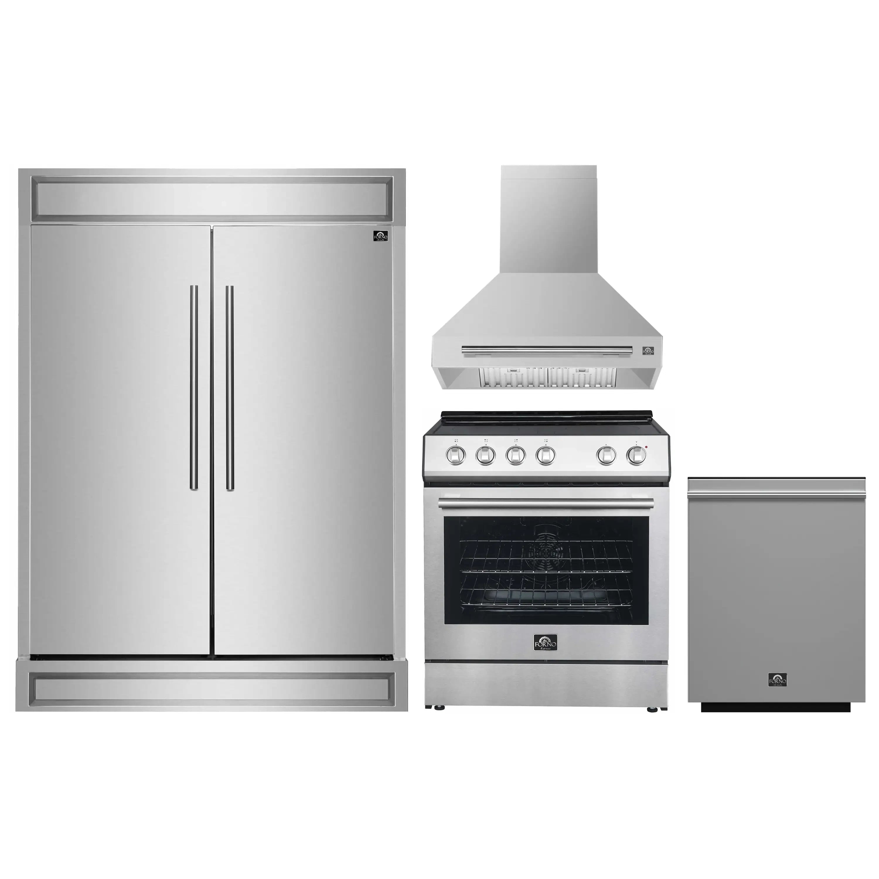 Stainless steel kitchen appliance set: refrigerator, range hood, range, and sink-side unit