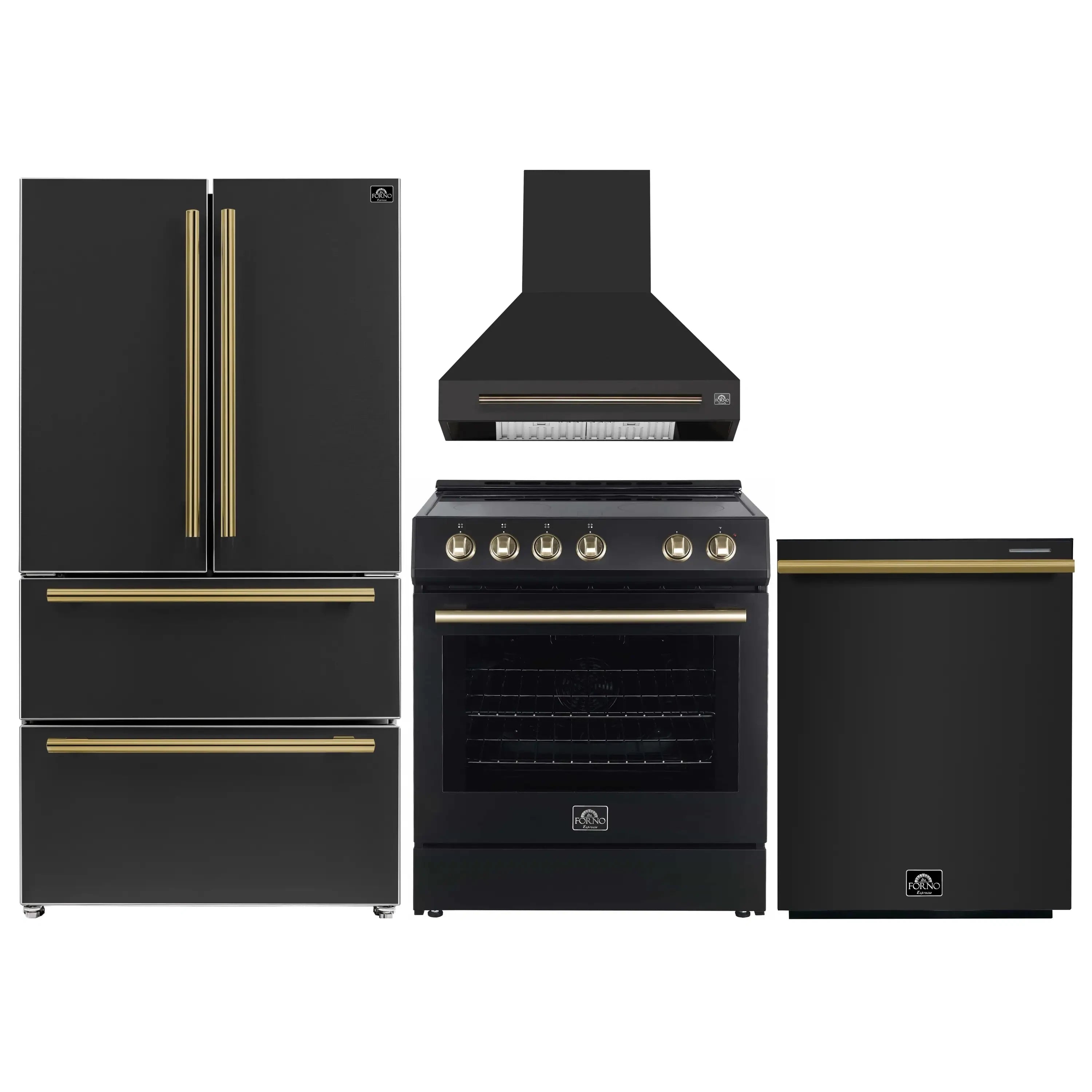 Black 30-inch electric range with wall hood, French door fridge, compact dishwasher