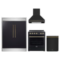 Forno 4-Piece Appliance Package - 30-Inch Espresso Electric Range, Wall Mount Range Hood, 60-Inch Built-In Convertible Refrigerator, and Dishwasher in Black with Antique Brass Trim