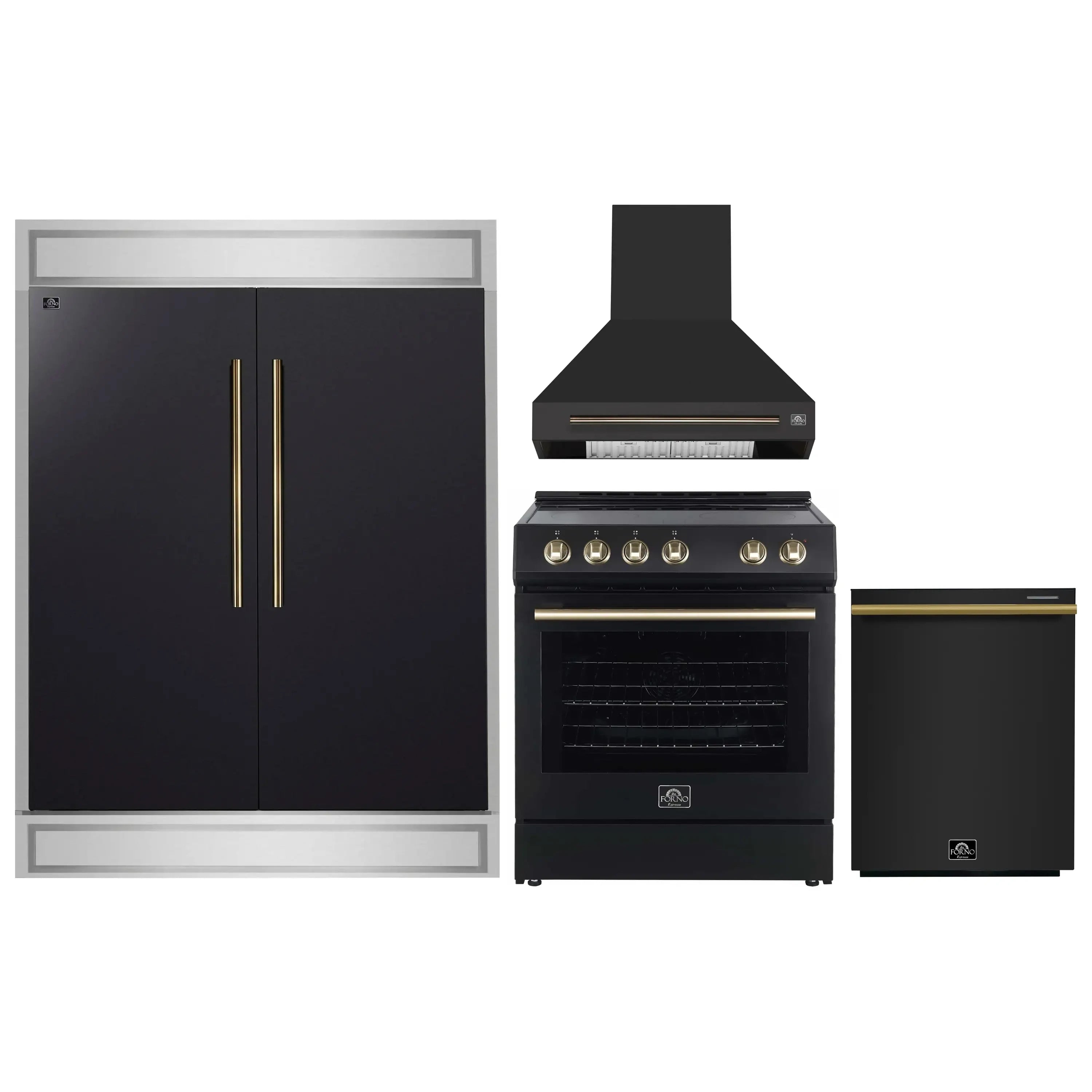 Black electric range with wall hood and built-in dishwasher, antique brass handles