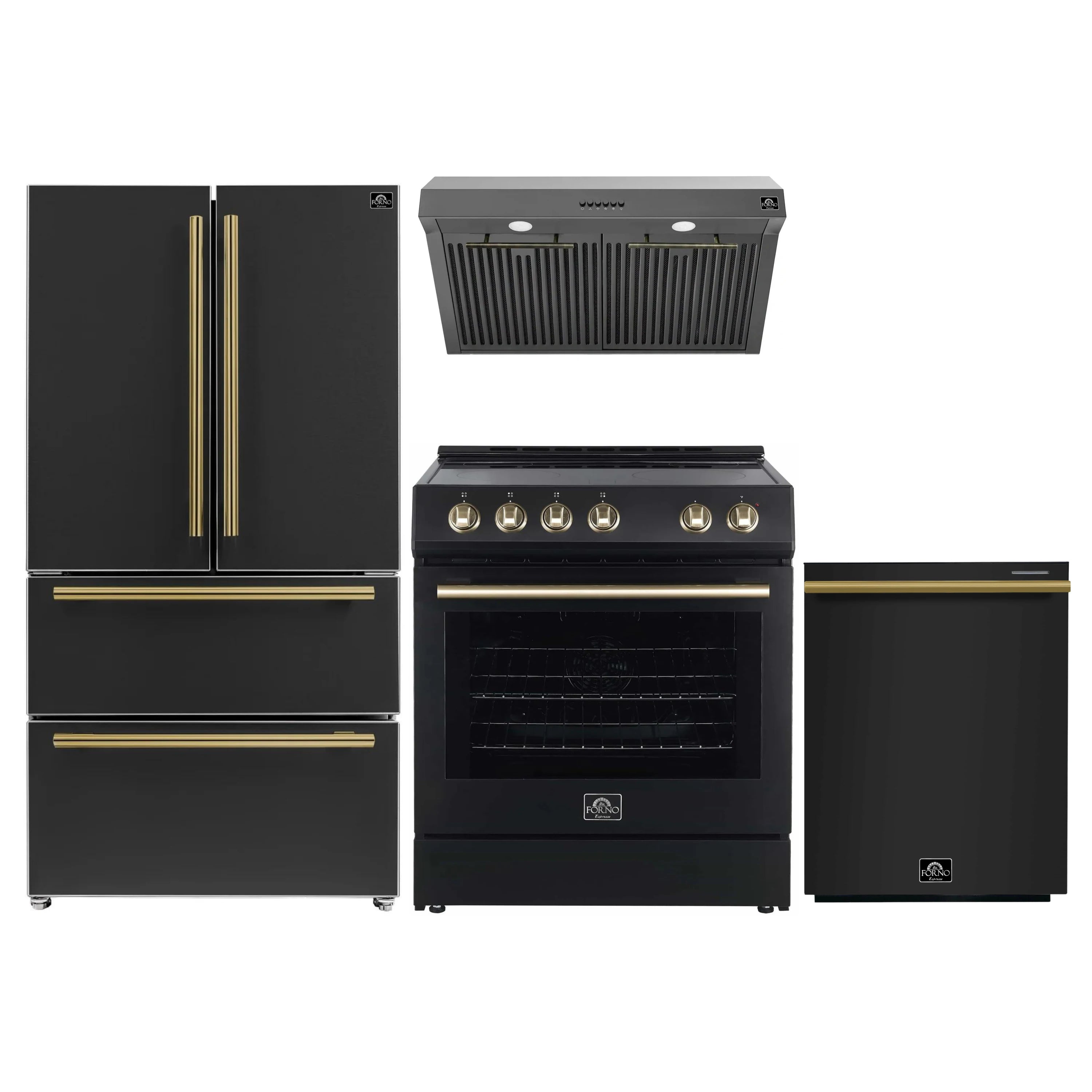 Black kitchen appliance package with antique brass trim: range, fridge, hood, dishwasher