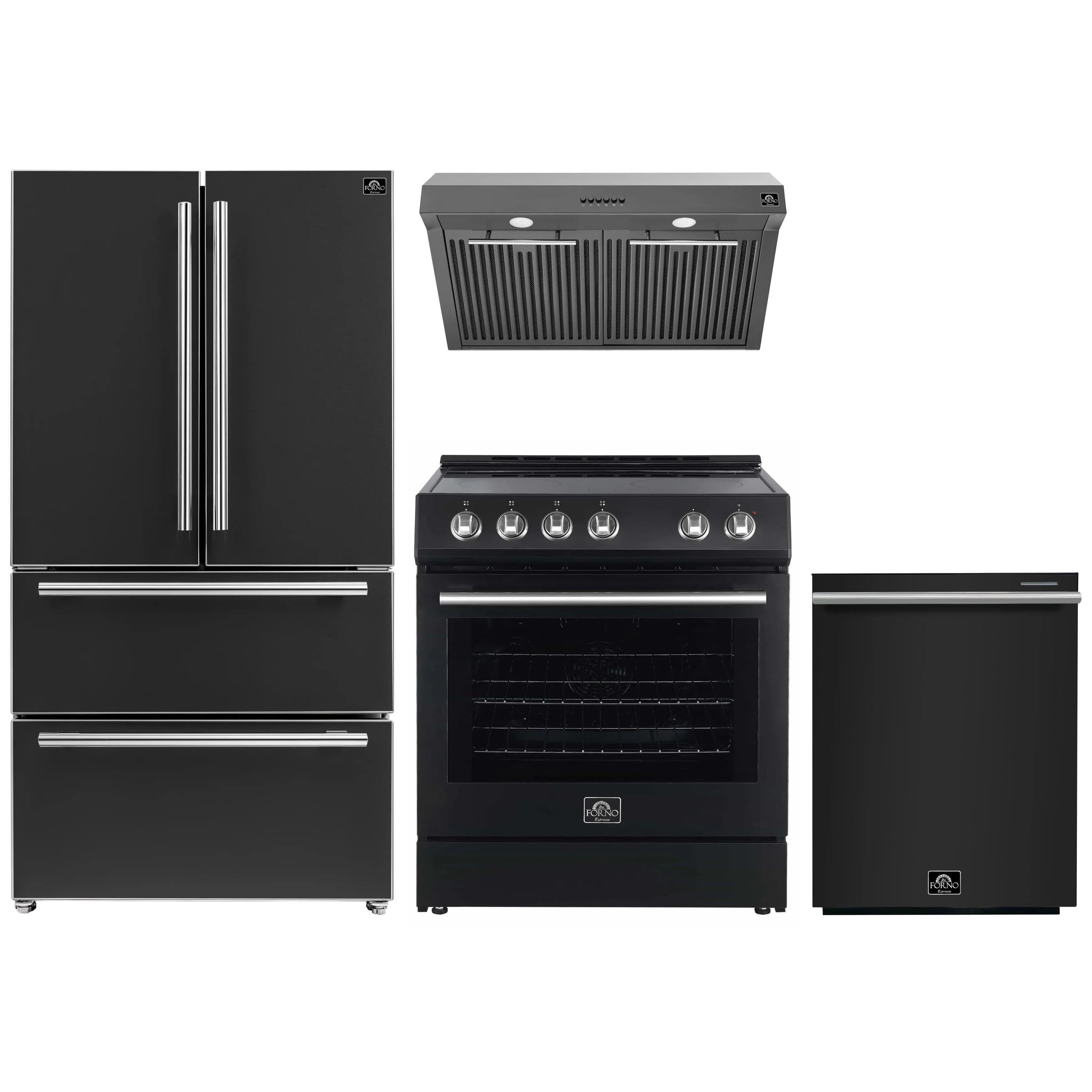Black appliance set with stainless trim: range, under-cabinet hood, refrigerator, dishwasher