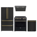 Forno 4-Piece Appliance Package - 30-Inch Leonardo Espresso Electric Range, Under Cabinet Range Hood, Refrigerator and Dishwasher in Black with Antique Brass Trim