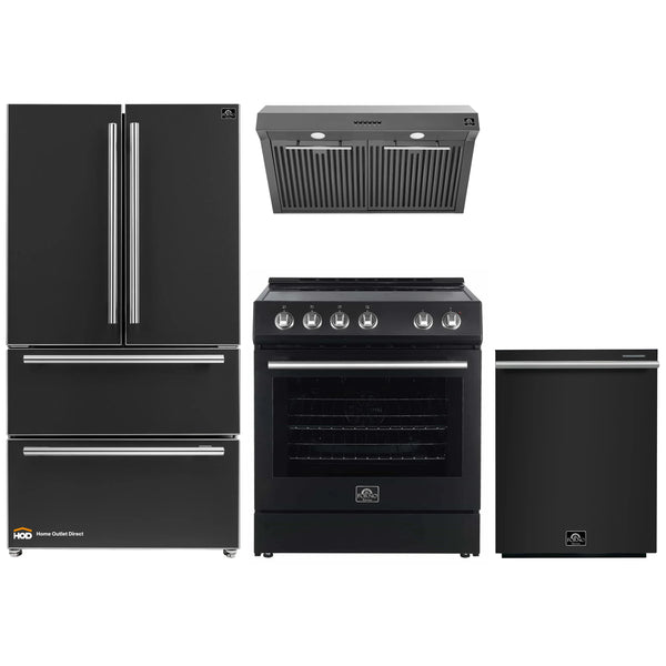 Forno Espresso 4-Piece Appliance Package - 30-Inch Electric Range, Under Cabinet Range Hood, Refrigerator and Dishwasher in Black with Stainless Steel Handle